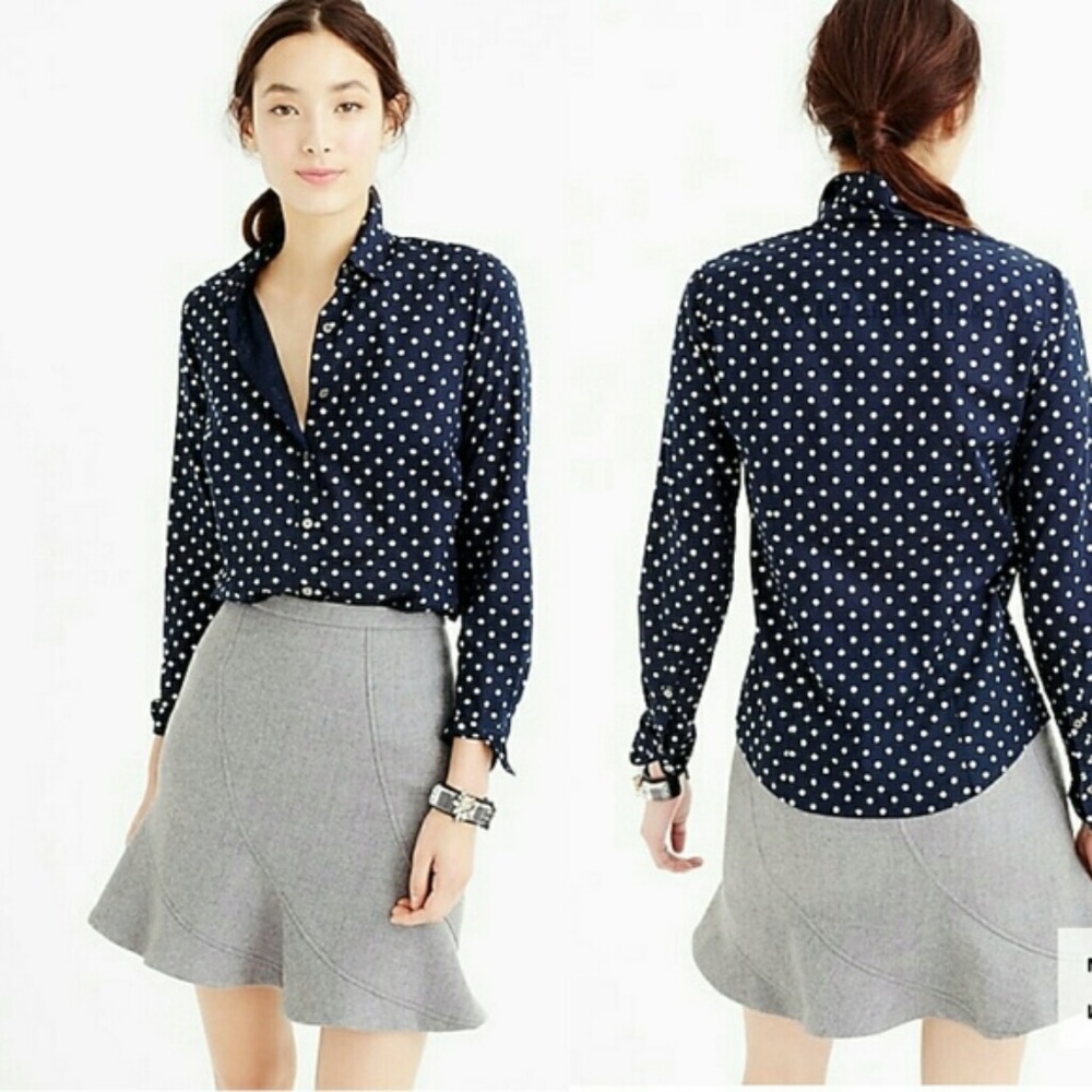 J Crew Navy Blue Perfect Fit Button Up Shirt with Silver Foil Dots NWT - Size 0